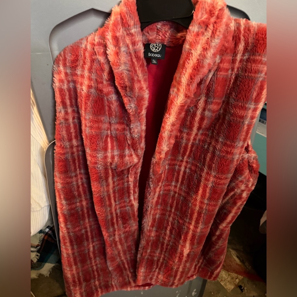 bobeau Coral-Red Plaid Plush Teddy Jacket
